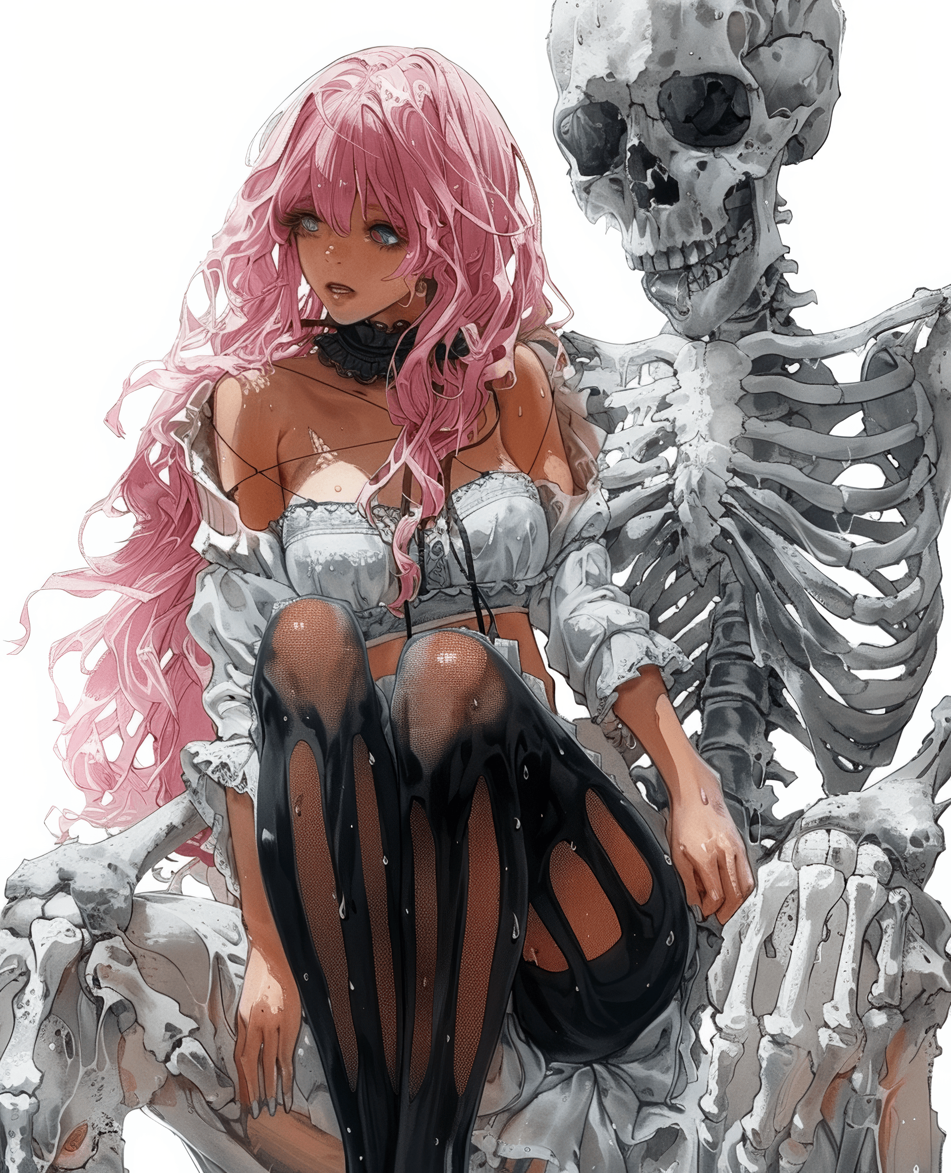 AI generated: A girl with pink hair in black stockings and a white blouse is sitting on the skeleton of an animal ...