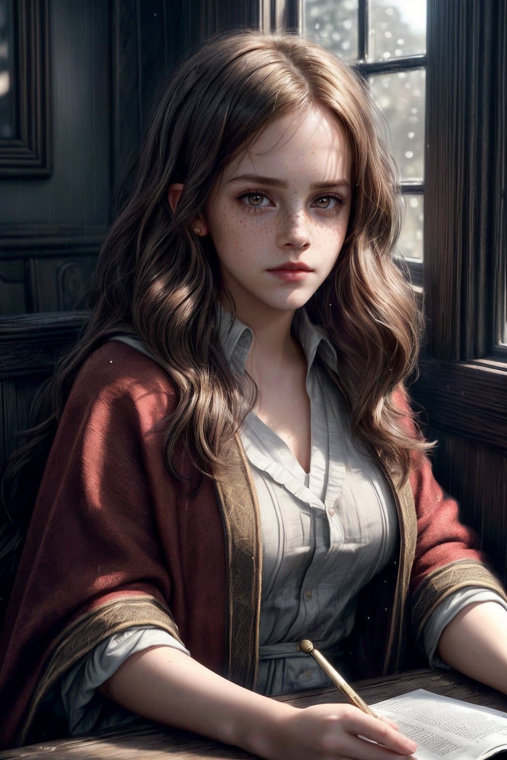 AI generated: (1 girl) portrait of Emma Watson as Hermione Granger sitting next to a window reading a book, other ...