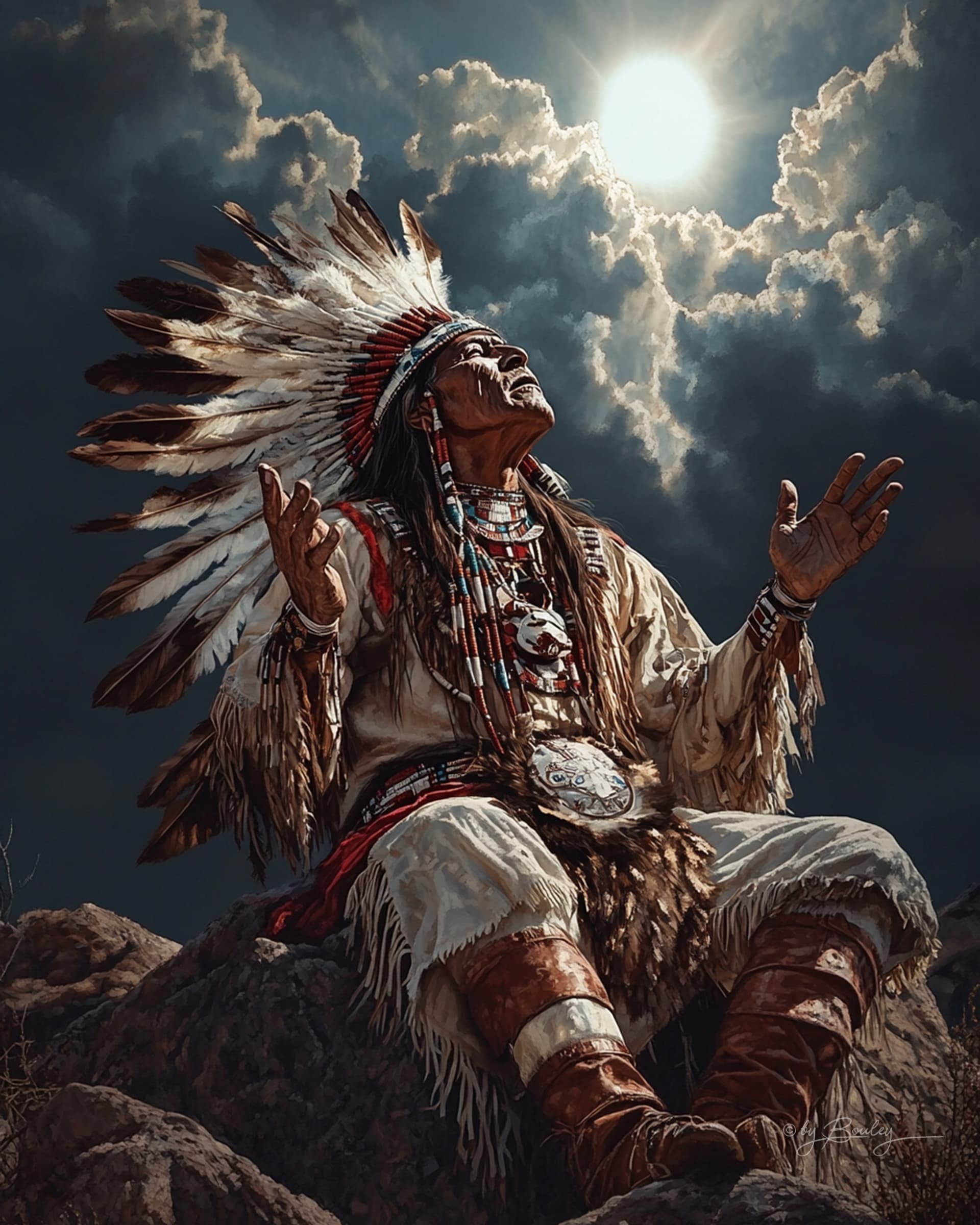 AI generated: a Native American Indian chief sitting on a rock, wearing traditional clothing and a feathered headd...