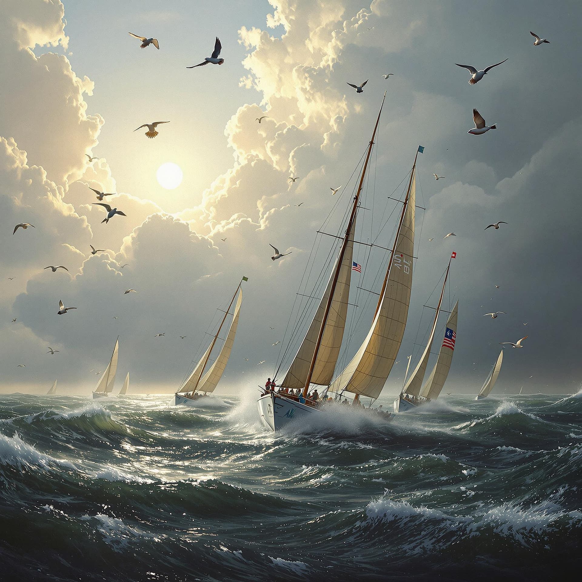 AI generated: Painting of Ocean yacht racing, Ocean birds overhead, fish and flying fish,  the America's Cup, dram...