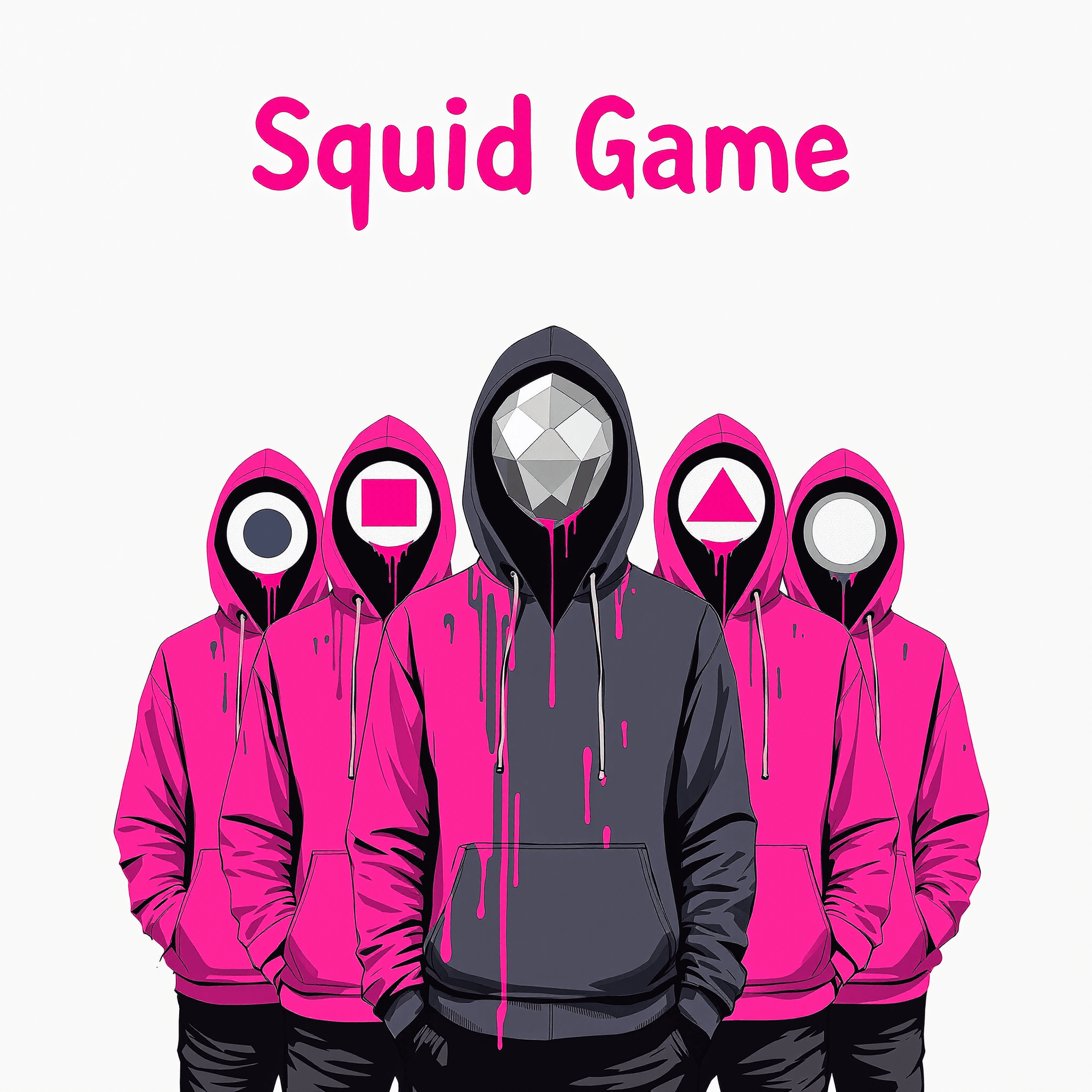 AI generated: Five figures in matching hooded jackets, a central figure in dark gray, and four in vibrant fuchsia ...
