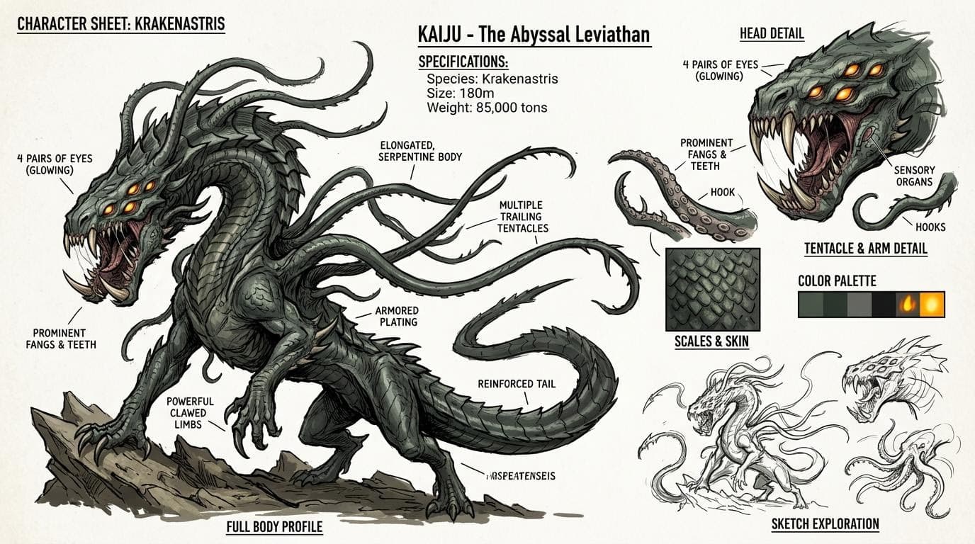 AI generated: Crea un charachter sheet di un kaiju su sfondo bianco, con tentacoli, zanne un corpo allungato, e 4 ...