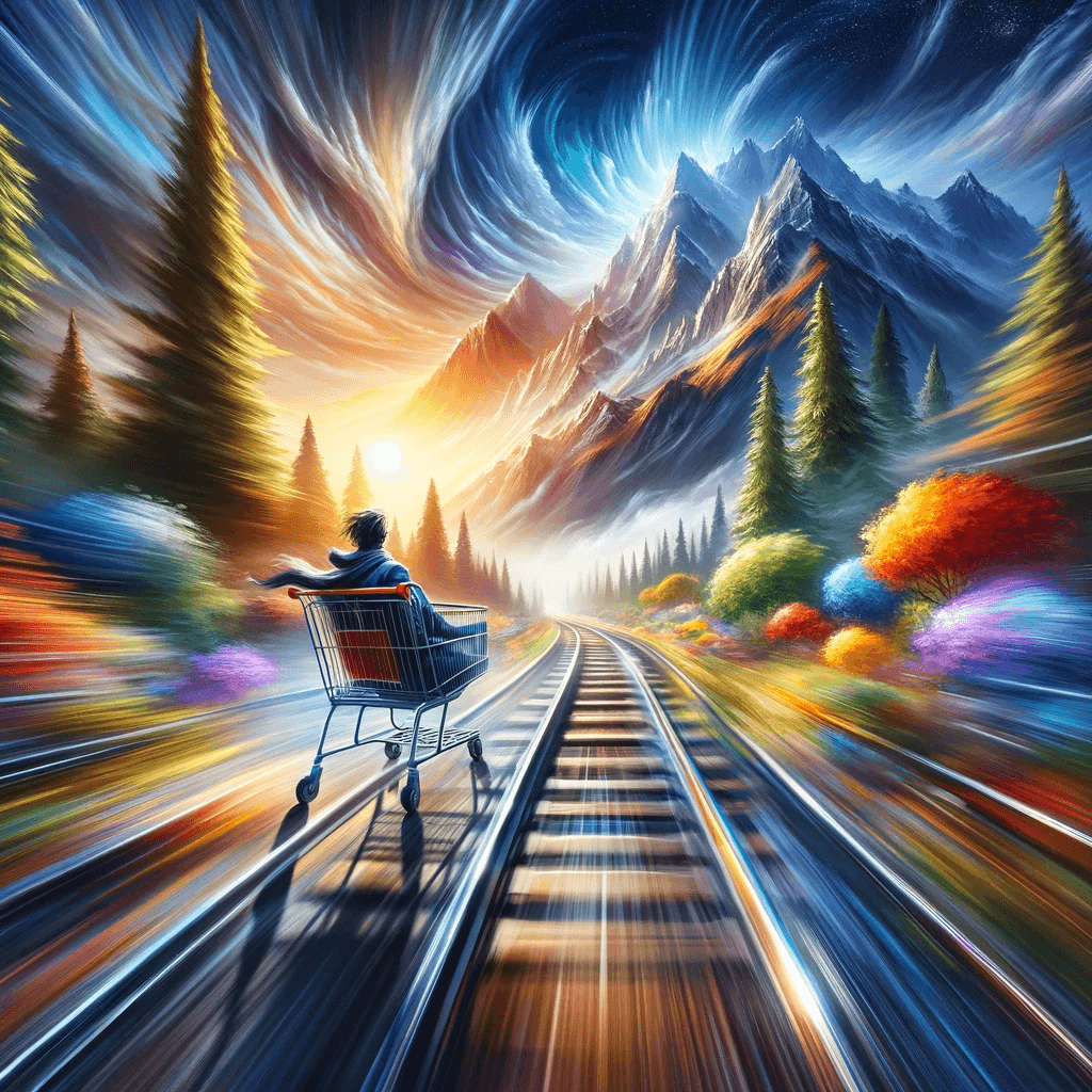 AI generated: An exhilarating scene of a person sitting in a shopping cart, hurtling down train tracks at high spe...