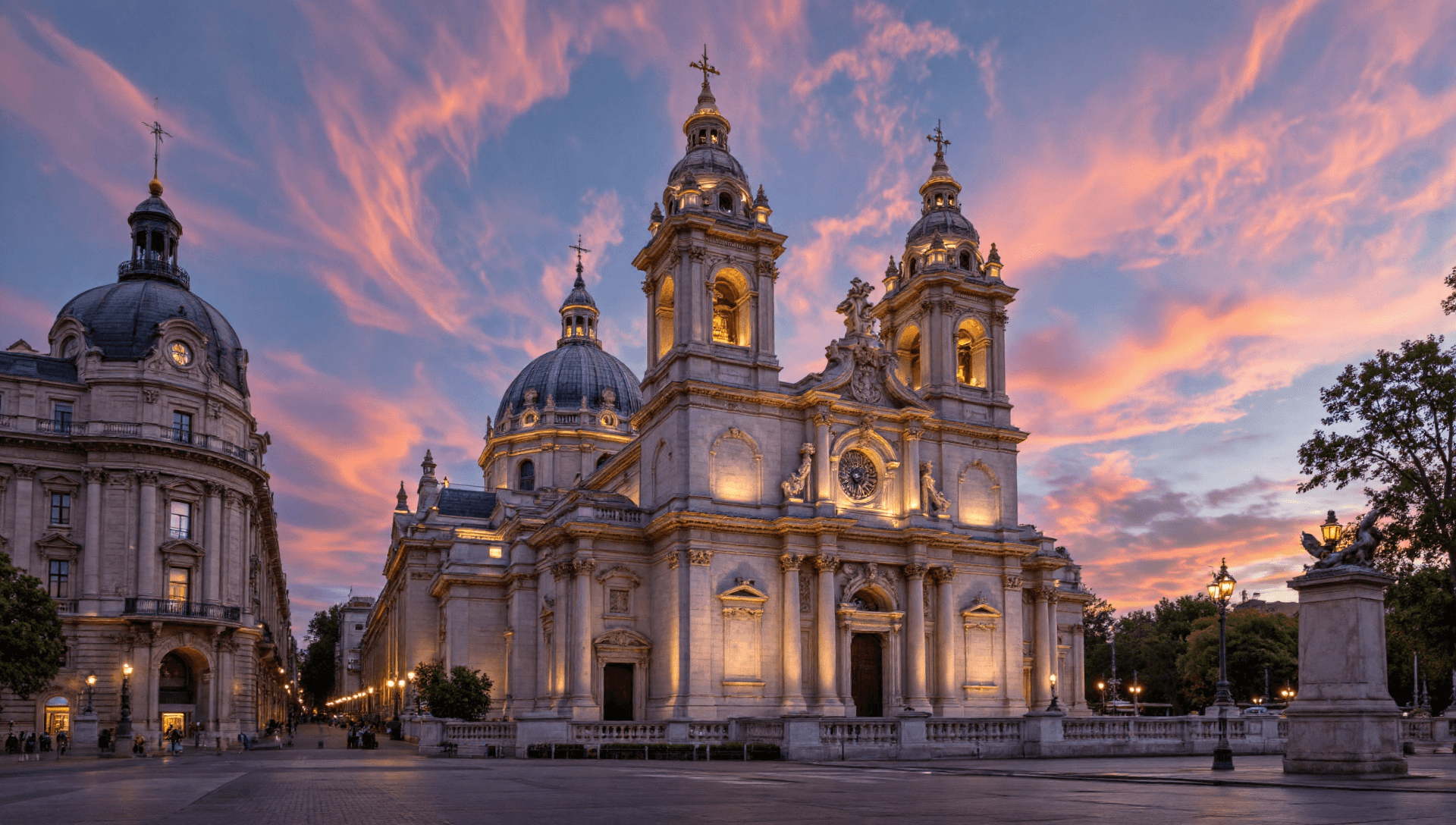 AI generated: The image depicts a stunning architectural scene of Madrid, Spain during twilight. The central focus...