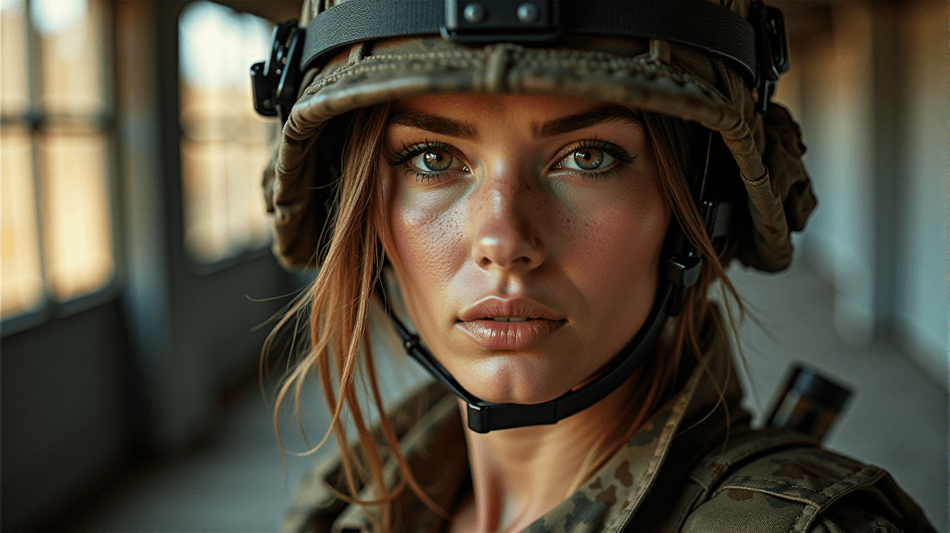 AI generated: A tasteful and artistic depiction of a woman soldier, combining elements of military and personal st...