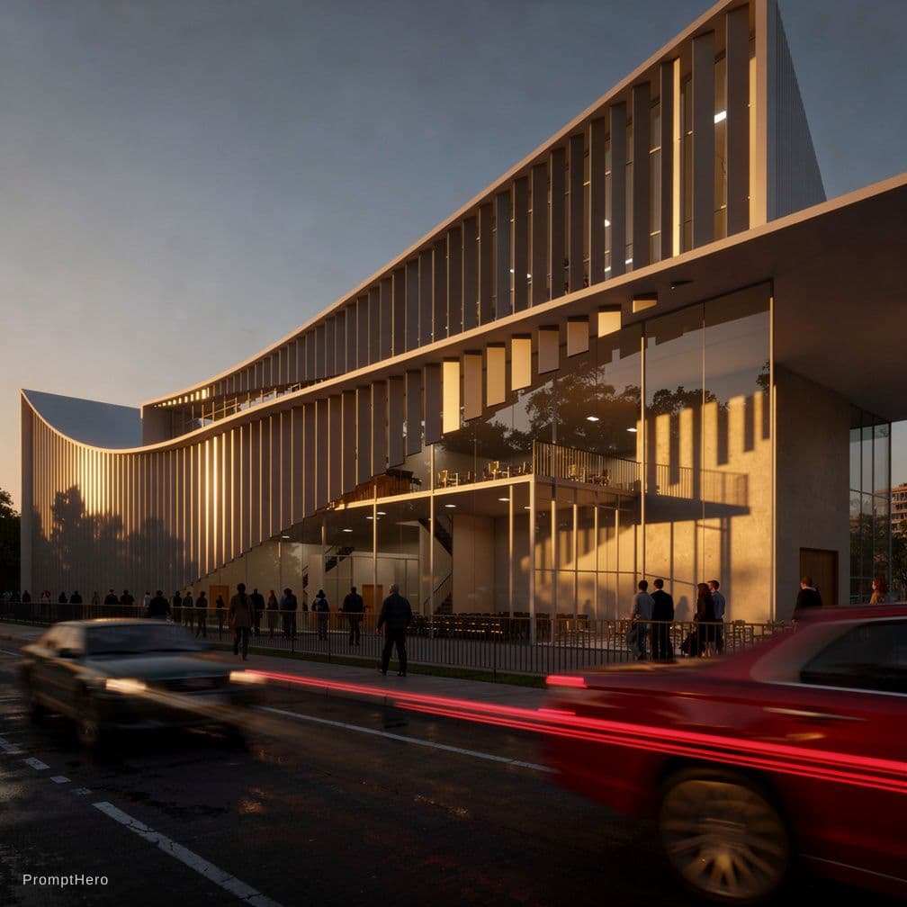AI generated: photorealistic, canon EOS 5d, minimalistic medium scale office building, curved, geometric shaped ou...