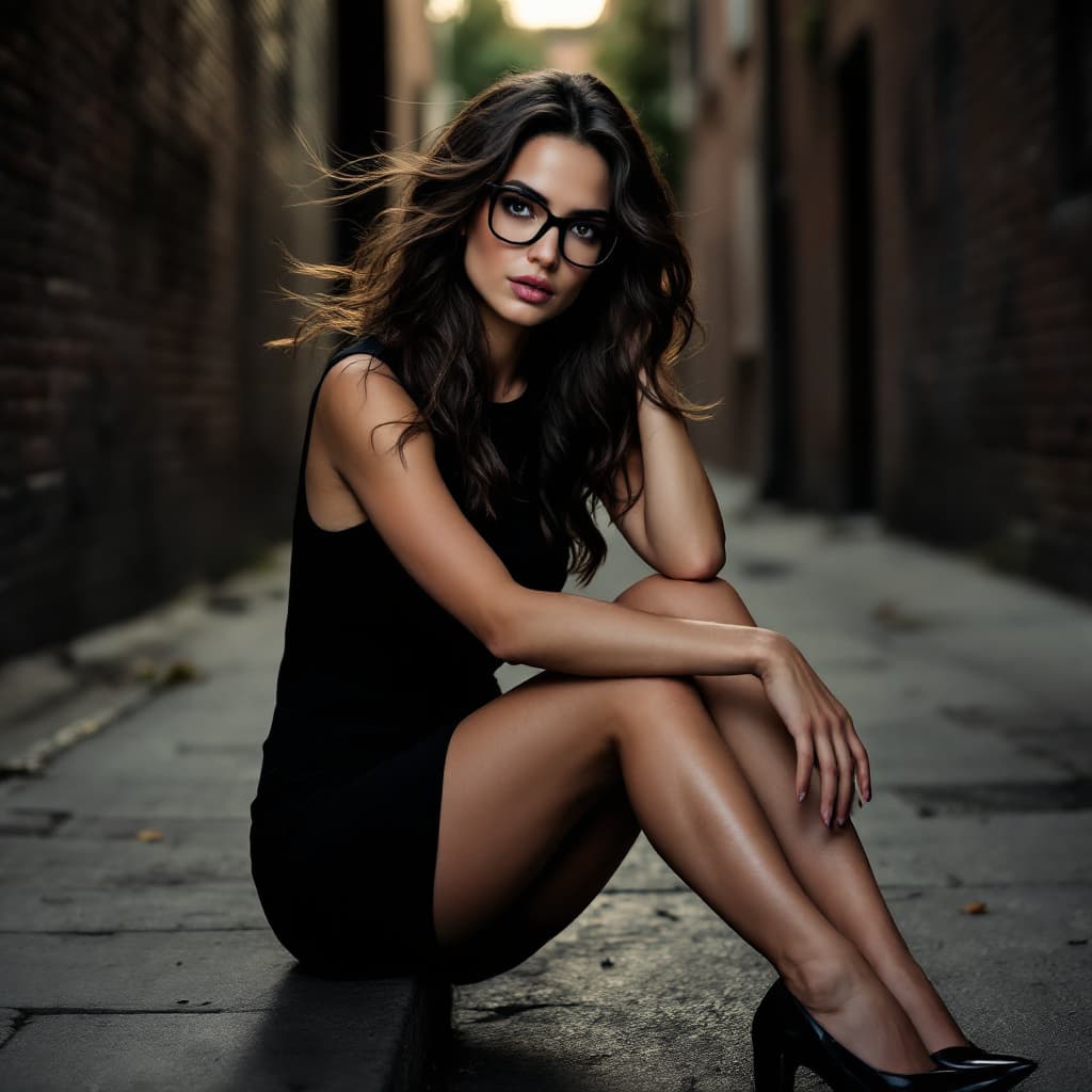 AI generated: Gal Gadot wearing a black pencil skirt, black pointy high heels sitting in a dark alley. She is look...