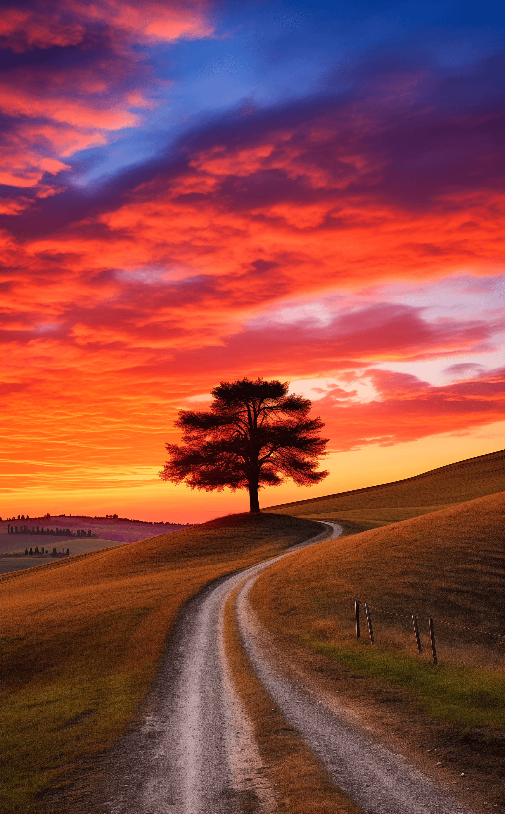 AI generated: A picturesque sunset over the rolling hills of Tuscany, Italy. The sky is painted in hues of orange ...