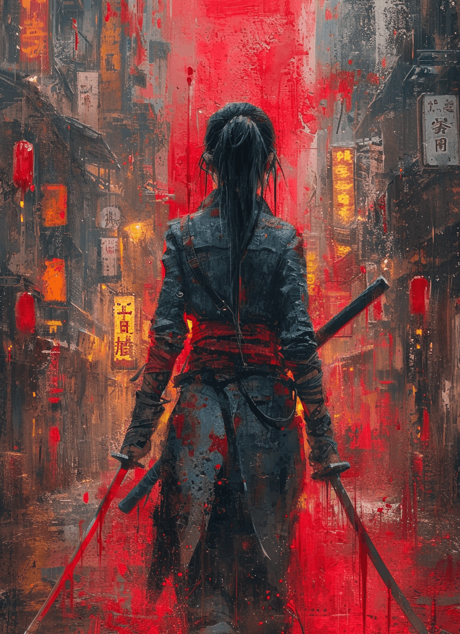 AI generated: a girl with swords in an urban scene, in the style of anime-inspired character designs, cyberpunk re...