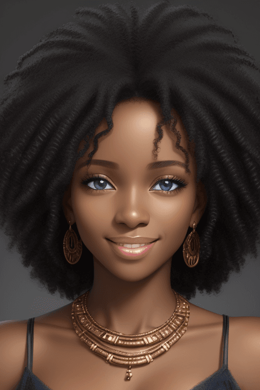 AI generated: beautiful african woman, smile, happy, black curly hair,sholders-lenght hair  black necklace, (detai...