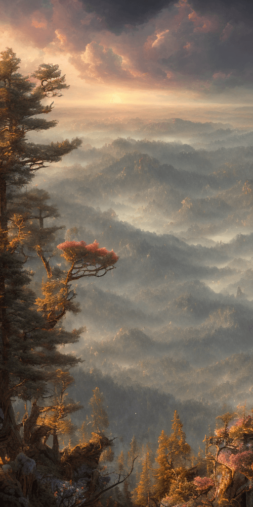 AI generated: view of a  big valley from the top of a mountain near an ocean,spring, pine forest, red clouds , fan...