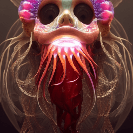 AI generated: goddess close-up portrait ribcagel. jellyfish phoenix head, nautilus, orchid, skull, betta fish, bio...