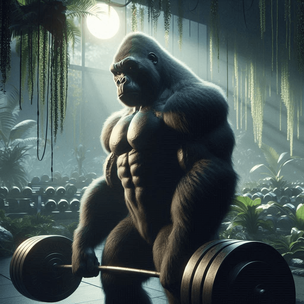 AI generated: Cinematic professional 3D animation of a gorilla lifting heavy weights in a gym surrounded by dense ...