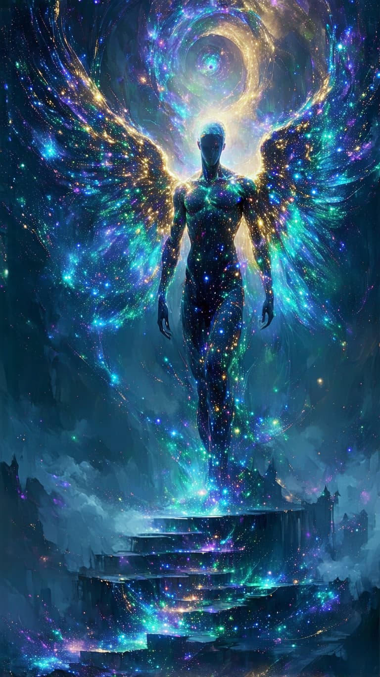 AI generated: A colossal, radiant figure emerges from a vortex of pure celestial energy, their form woven from gol...