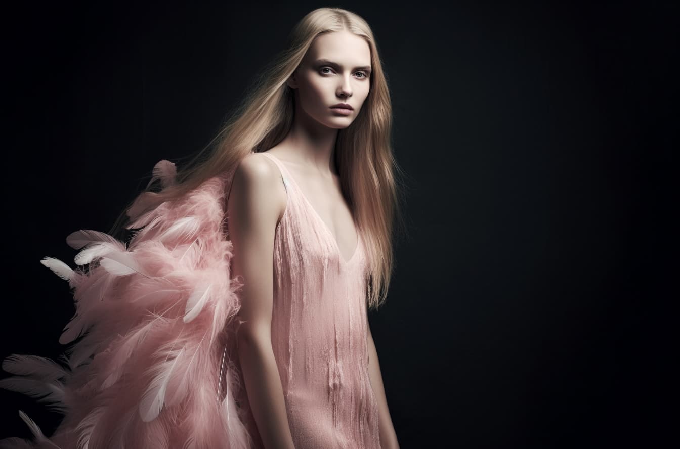 AI generated: photo of ((( single beautiful slavic long hair model ))) in a ((( light pink feather slit dress ))) ...