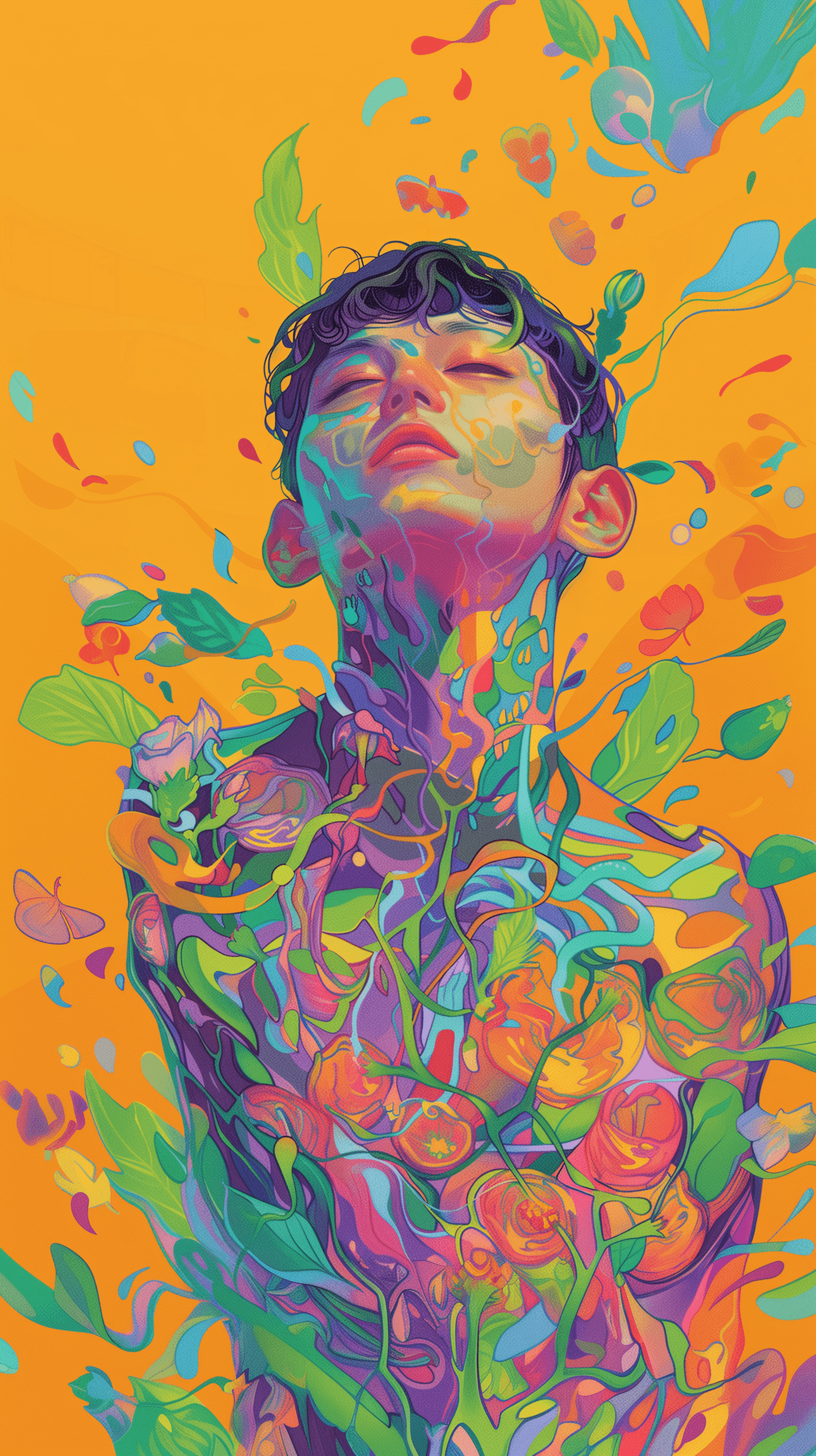 AI generated: illustration, upper-body, man, front, simplify, consisting of orange and green with purple limit col...