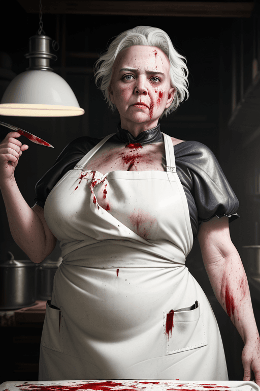 AI generated: RAW photo, low key, cinematic composition, fat  ugly elderly female butcher, woman, rim light, blood...