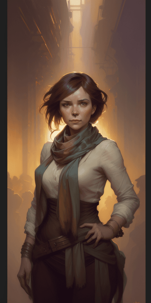 AI generated: a painting of a woman with a scarf on her neck, craig mullins alphonse mucha, artgerm craig mullins,...