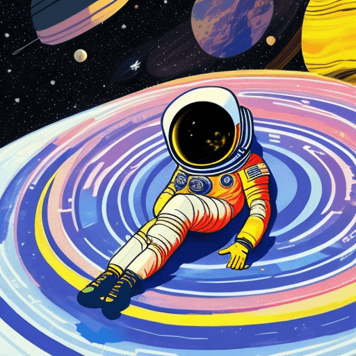AI generated: Illustration of an astronaut sitting in saturn´s rings,the cosmos is behind him, sci-fi, colourfull ...