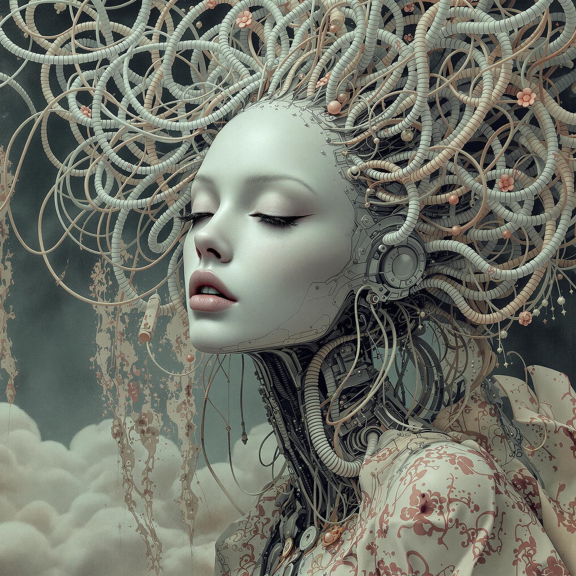 AI generated:  Baroque Style, dreamlike Hyperdetailed grunge art fantasy illustration featuring an cyberpunk femal...