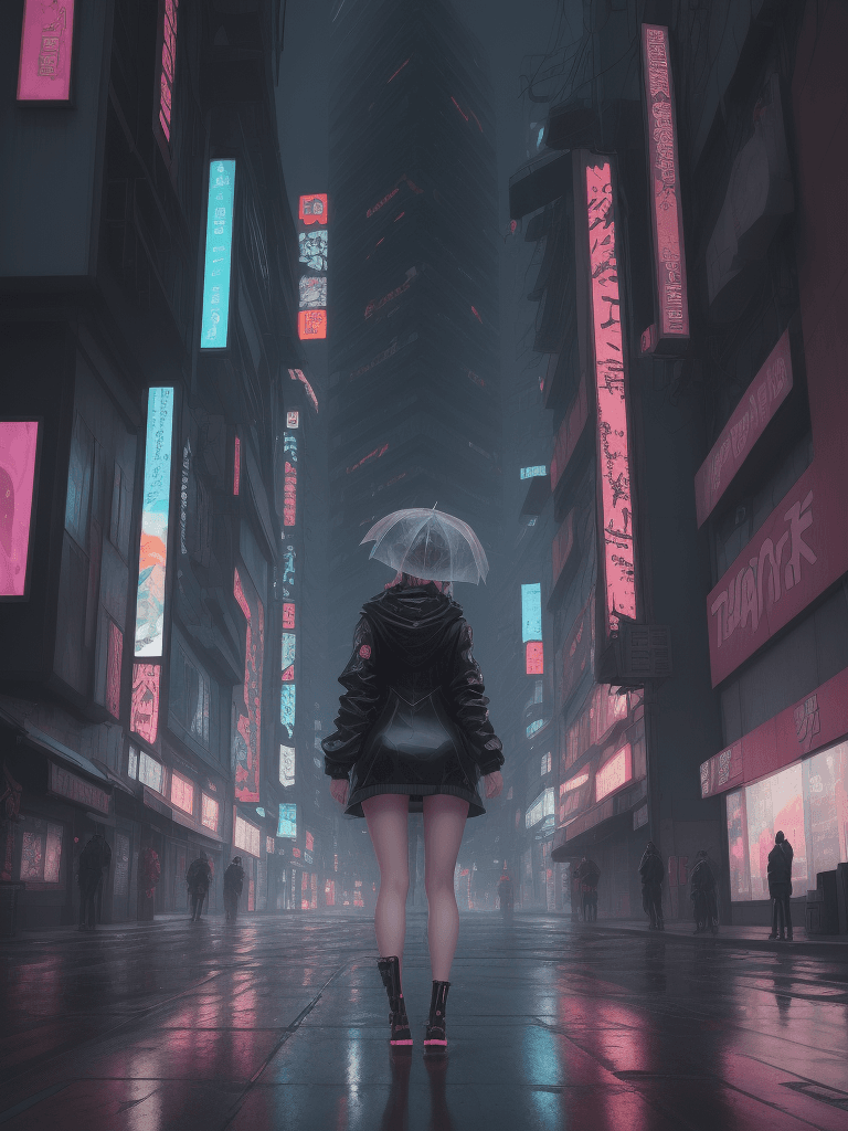 AI generated: a woman in a raincoat standing on a city street in anime style| detailed symmetric features| anime c...