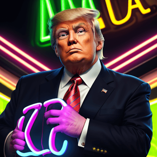 AI generated: President Donald Trump dressed in frog business suit, stares at the camera with a huge smile, points...