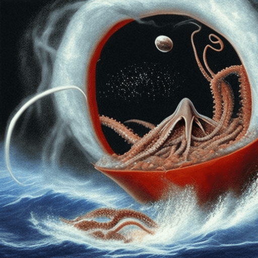 AI generated: a vessel is entering into blackhole and a giant squid has grabbed the vessel around. Realistic, fren...