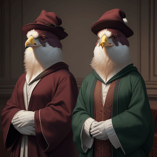 AI generated: a picture of two people, wearing cloth hats and robes, in the style of realistic animal portraits, u...
