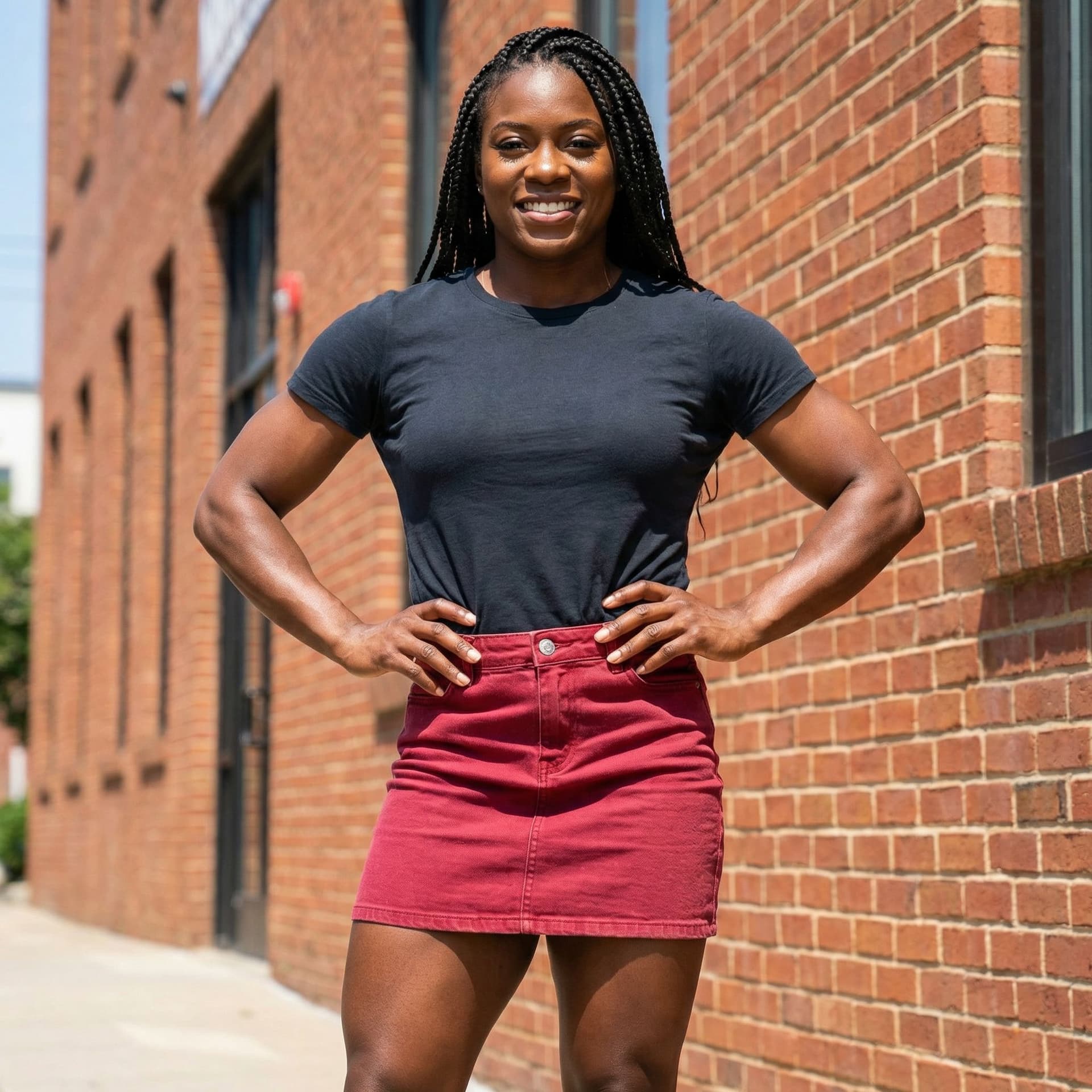 AI generated: one black woman with mini red skirt. woman is muscular, big bosom but proportional