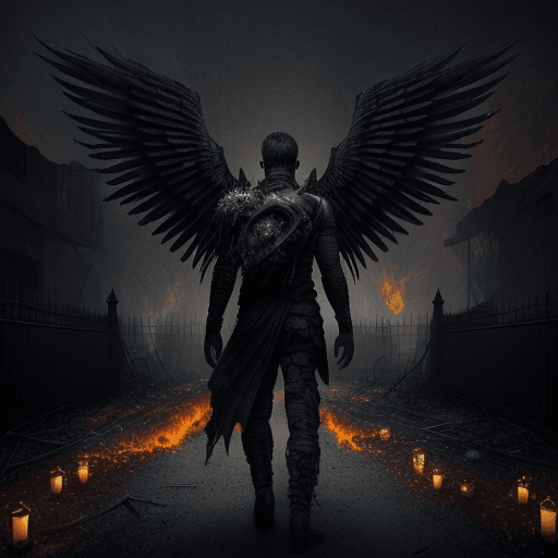 AI generated: male dark angel, face on the camera, broken wings on the back opening a gate between worlds, fire li...