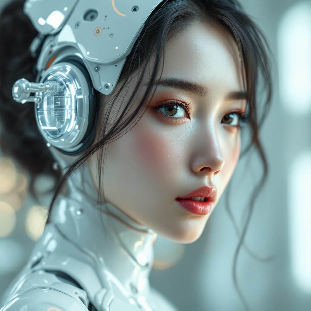 AI generated: Beautiful Asian woman in a white bodysuit, futuristic robotic face, pero and a floating pod beautifu...
