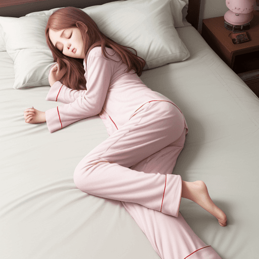 AI generated: Sleeping girl, 22 years old, realistic, she is wearing long pants, she is wearing pink pajama, brown...