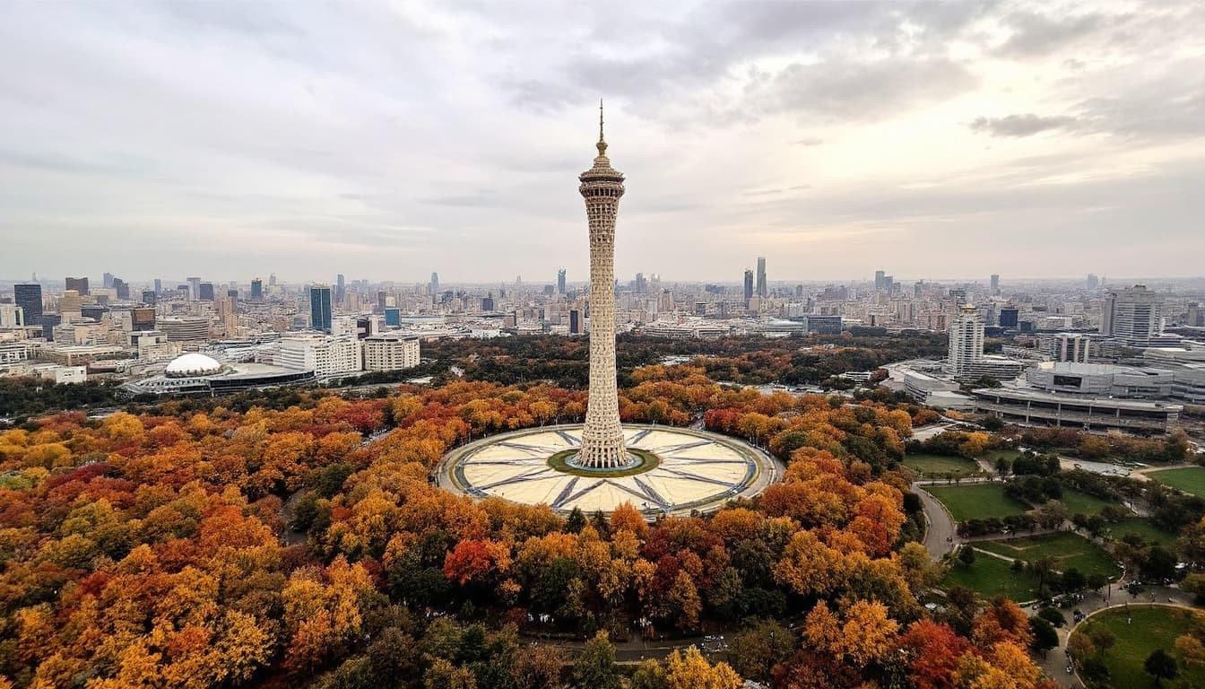 AI generated: fall in Tehran azadi tower 