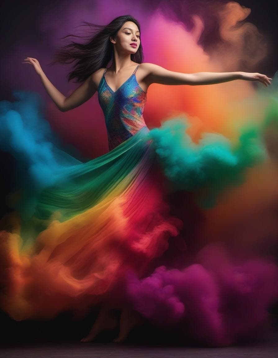 AI generated: An image of a vibrant, artistic portrayal of a woman dancing, surrounded by a swirl of vivid, multic...