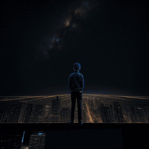 AI generated: night city, a boy on the roof of a high-rise building, milky way, melancholic light, 4k