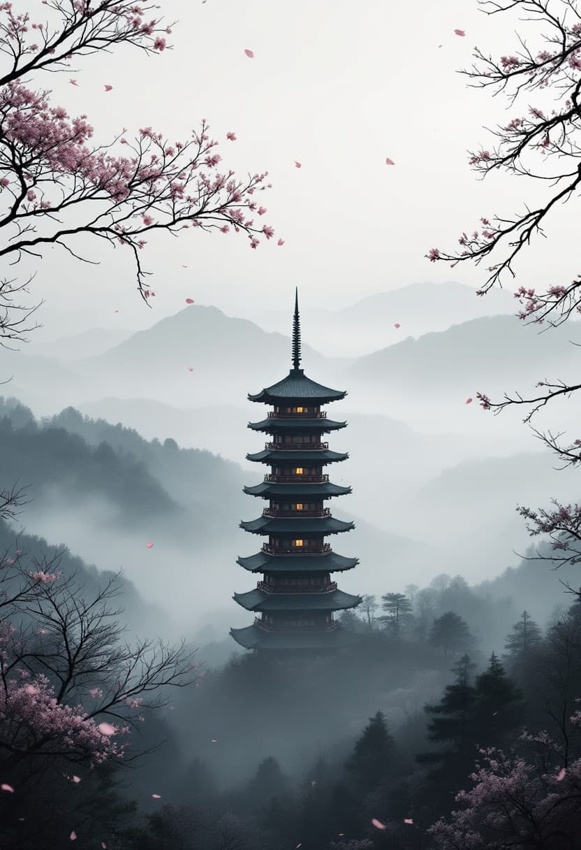 AI generated: Traditional Japanese pagoda standing tall in a foggy mountain valley, centered mid-range view. Dense...