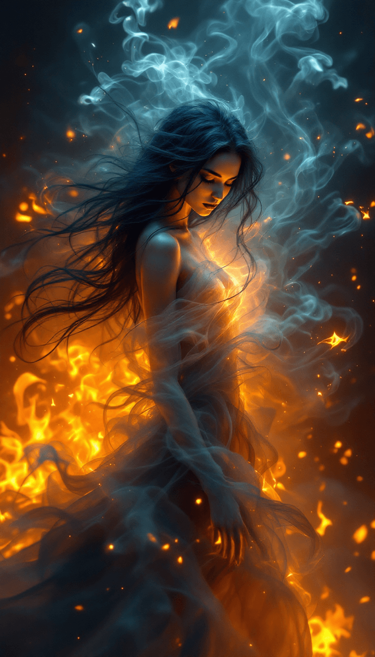 AI generated: Fantastical hauntingly beautiful Woman made of smoke dances inside an inferno, long dark hair, wisps...
