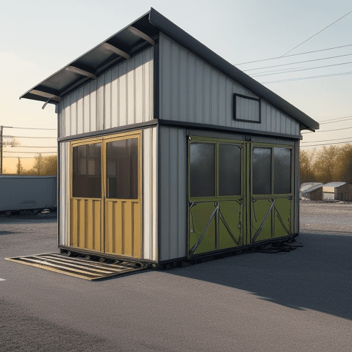 AI generated: a crash of a trailer against a guardhouse in an industrial area.  The style should be contemporary a...