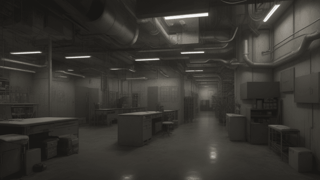 AI generated: A secret laboratory with test tubes, offices, chemicals and armored warriors exploring it