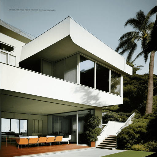 AI generated: Hyper realistic eye level exterior photo of a mid century modern style house overlooking the ocean, ...