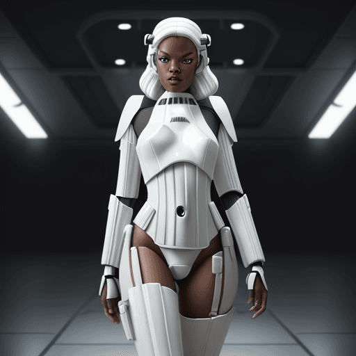AI generated: female dressed as storm trooper, lingerie, starship background, (((full body visible) )), looking at...