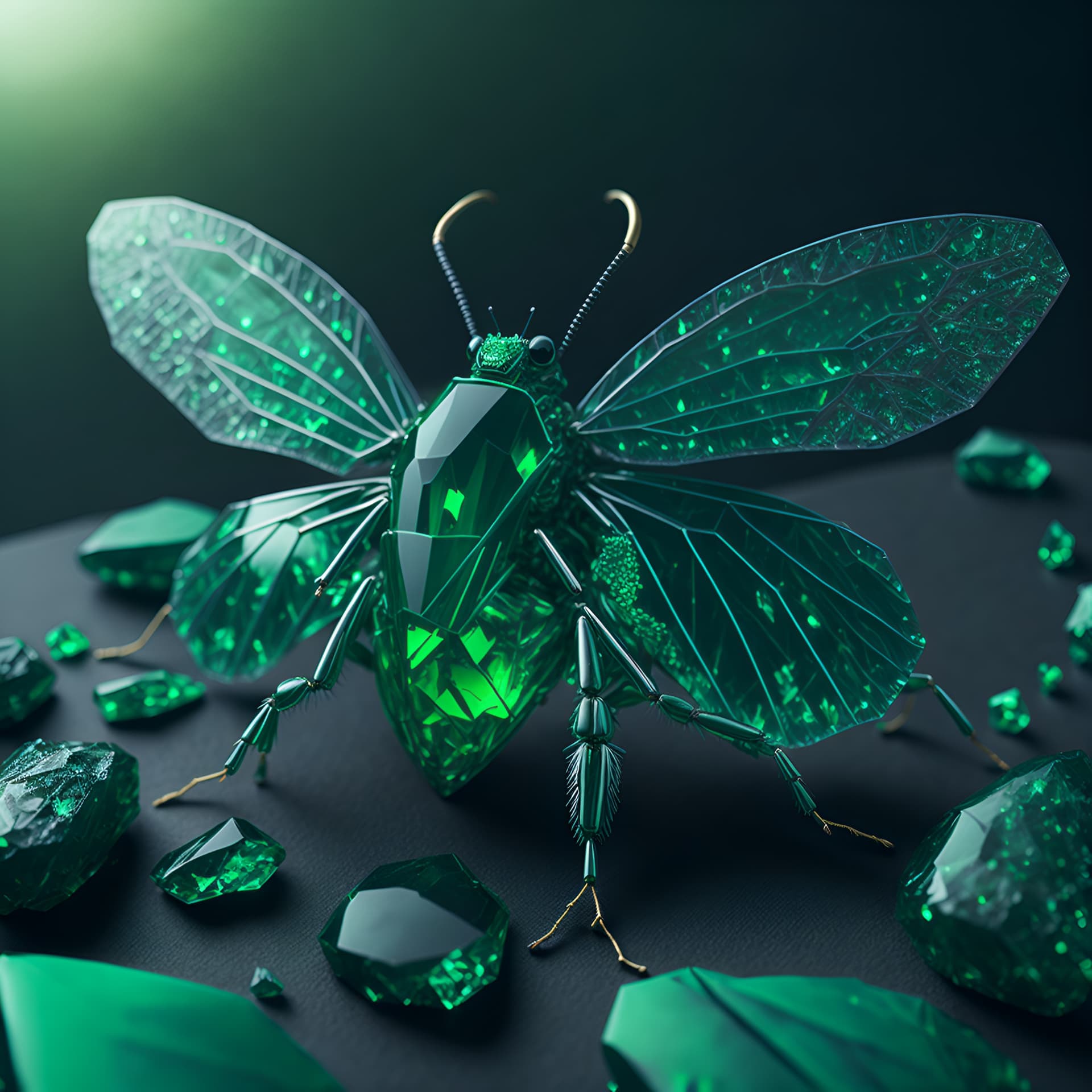 AI generated: macro insect sparkling green emerald with reflections inside other crystals, surrounded by diamonds ...