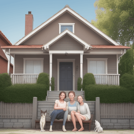 AI generated: house with person in front with a dog and a cat next to them