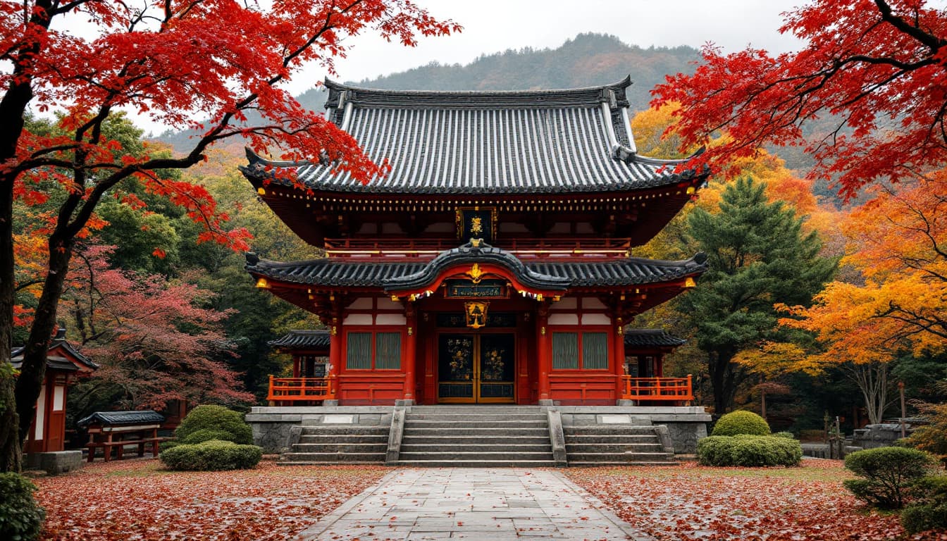 AI generated: a Japanese temple in autumn leaves red orange and yellow
