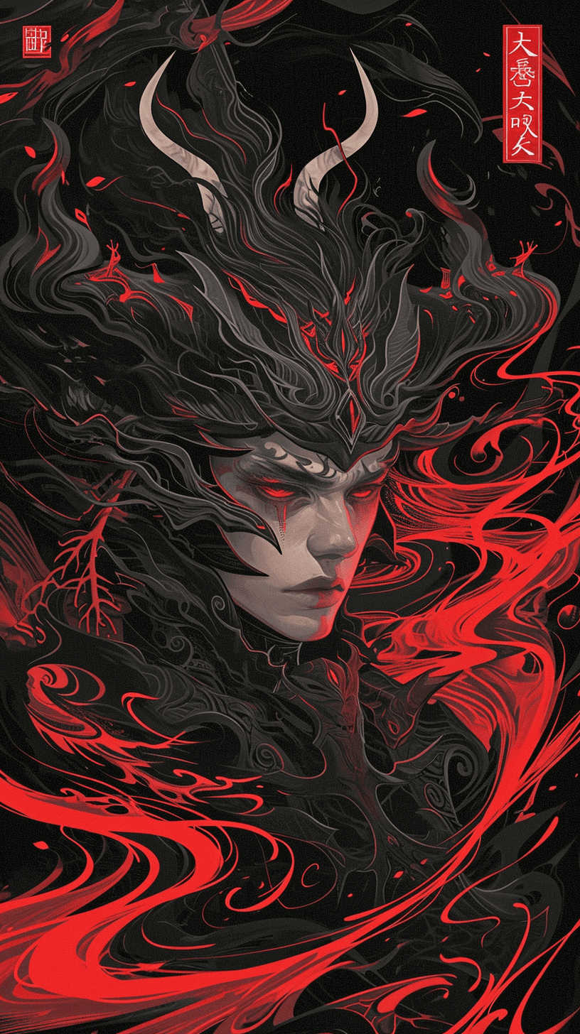 AI generated: a black and red illustration of a mystical monster with horns and hair, in the style of james jean, ...