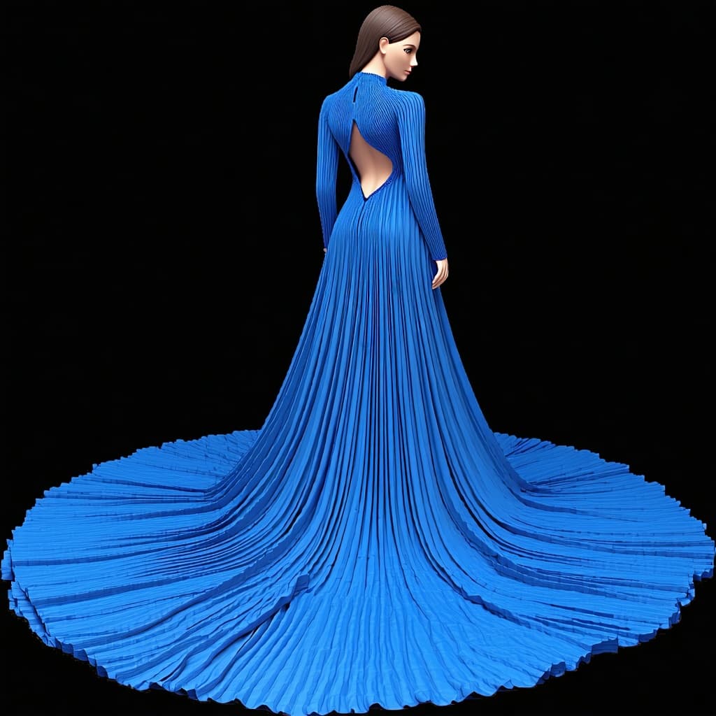 AI generated: The image is a full-length portrait of a woman in a flowing blue dress. The dress features a high ne...