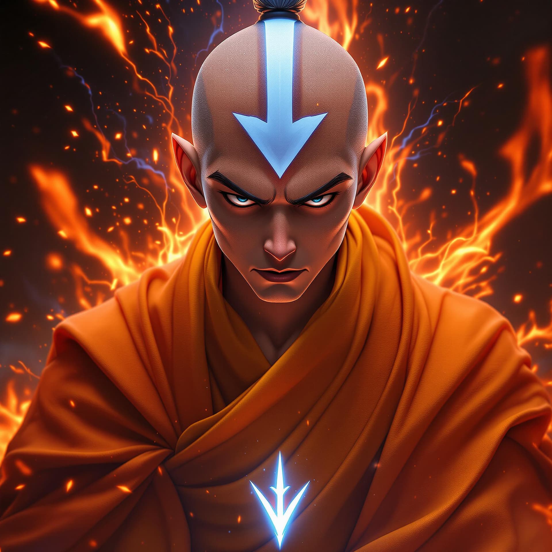 AI generated: avatar aang, the last airbender, in the style of furaffinity, orange robes, red, #vfxfriday, massurr...
