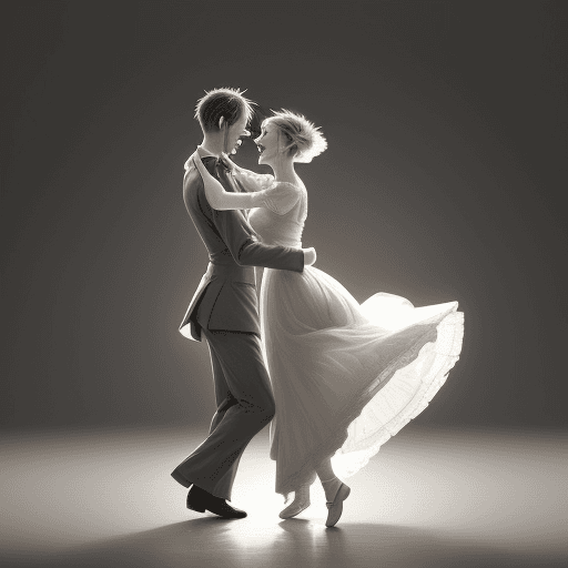 AI generated: A blissful couple, dancing with joy, in the style of Arthur Streeton, a romantic palette, with soft ...