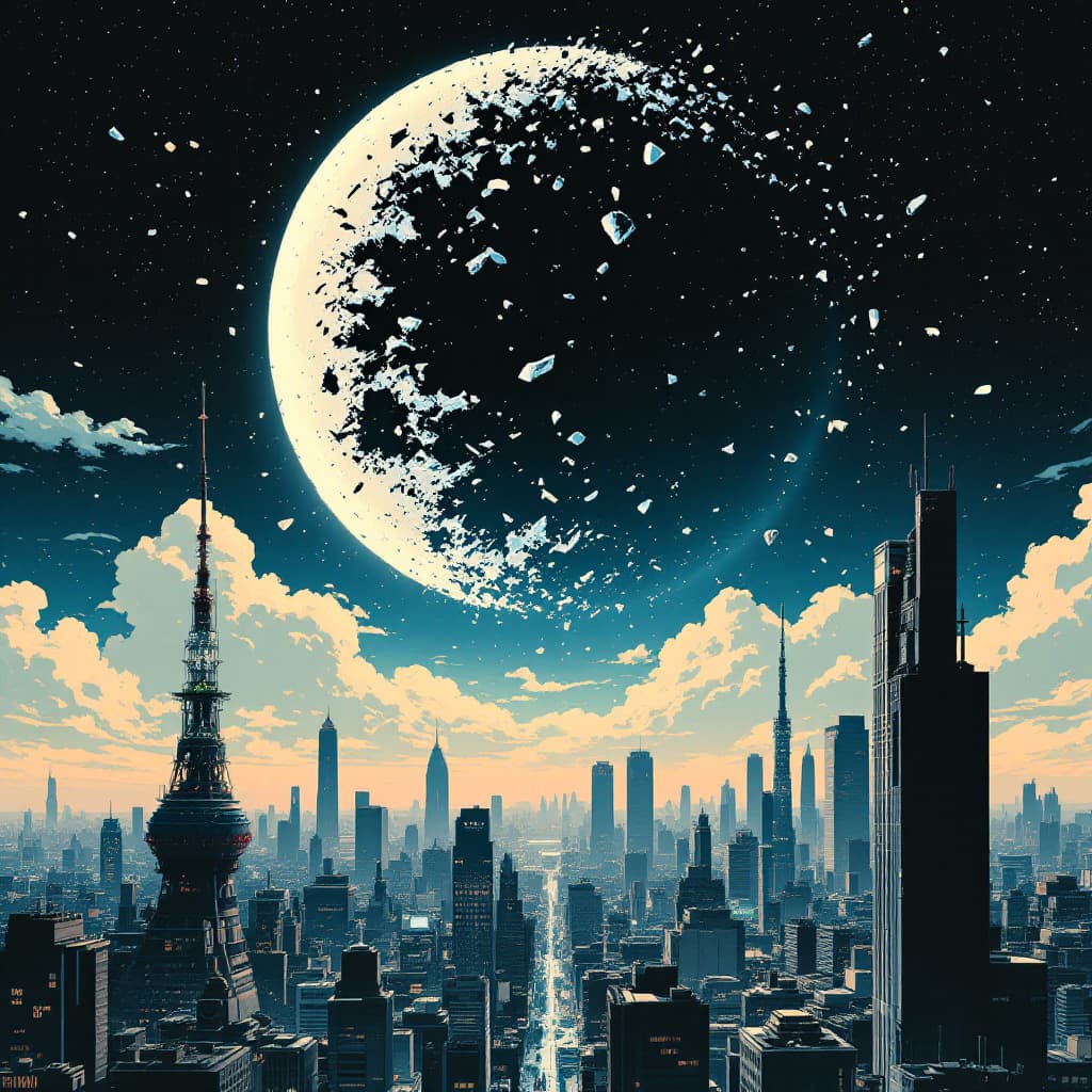AI generated: sci-fi neo tokyo, in the style of akira, city skyline with part of the moon shattered and pieces of ...