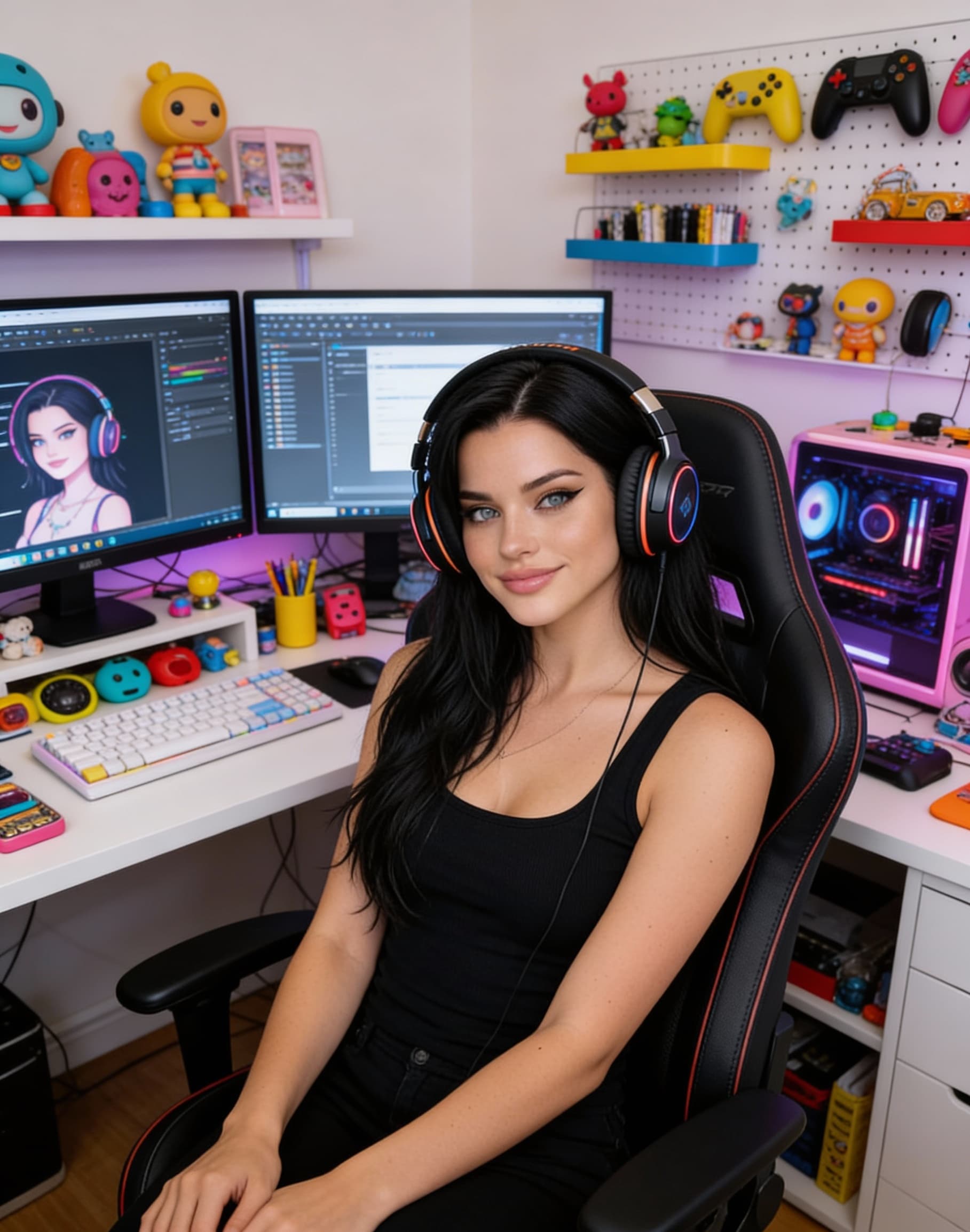 AI generated:  gamer girl in gamer chair with cat headphones